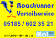 Gelber Hintergrund, Schriftzug: Roadrunner Verteilservice, Telefonnummer 05185/6023521.