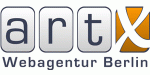 Logo von artex, Webagentur Berlin, mit Buchstaben auf Quadraten und einem orangefarbenen „x“.