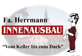 Grafik mit Aufschrift: "Fa. Herrmann Innenausbau - Vom Keller bis zum Dach". Zeichnung eines Mannes.