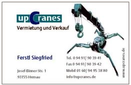Visitenkarte von upCranes mit Kontaktinformationen und Bild eines Krans.