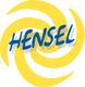 Gelbes, spiralförmiges Logo mit dem blauen Schriftzug "Hensel" in der Mitte.