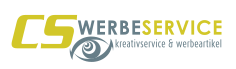 Logo von CS Werbeservice mit einem gelben "CS", Auge-Symbol und Slogan darunter.