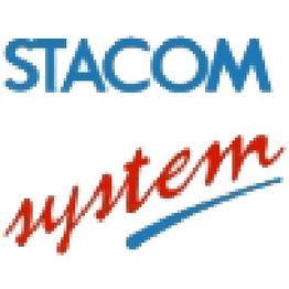Logo met blauwe tekst "STACOM" en rode tekst "system" met een blauwe streep eronder.