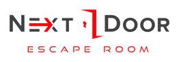 Logo de "Next Door Escape Room", letras negras y rojas con símbolo de puerta y cerradura.