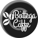 Logo rotondo nero con scritta "La Bottega del Caffè" e disegni di chicchi di caffè bianchi.