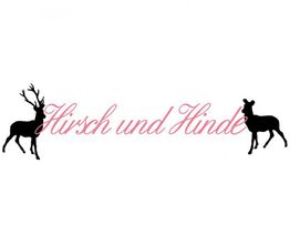 Silhouetten von Hirsch und Hinde mit dem Text "Hirsch und Hinde" in roter Schreibschrift.
