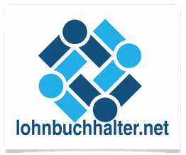 Abstraktes blaues Logo mit Kreisen und Linien, Text: lohnbuchhalter.net.