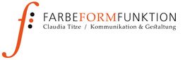Logo mit großem roten "f" und Text "Farbe Form Funktion, Claudia Titze, Kommunikation & Gestaltung".
