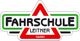 Logo der Fahrschule Leitner GmbH, mit rotem Dreieck und grünem Rahmen.
