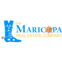 Logo of The Maricopa Real Estate Company with a blue boot and sun illustrations.