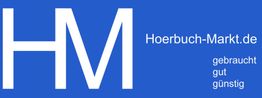 Blaues Logo mit weißen Buchstaben "HM", daneben "Hoerbuch-Markt.de" und Text "gebraucht gut günstig".