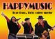 Drei Musiker mit Instrumenten vor einem orange-gelben Hintergrund, Text: "HAPPYMUSIC".
