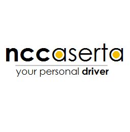 Logo "ncc aserta", testo nero con dettagli gialli. Sotto scritto: "your personal driver".