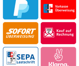 Zahlungsmethoden: MasterCard, VISA, PayPal, Vorkasse, SOFORT, SEPA, Klarna, Apple Pay.