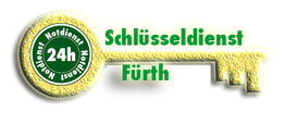 Gelber Schlüssel mit "Schlüsseldienst Fürth" und "24h Notdienst" in grünem Kreis.