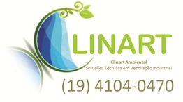 Logo da Clinart Ambiental com folhas, texto e telefone para soluções industriais.