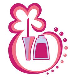Nagellackflasche und Pinsel in rosa Illustration, umgeben von Blüten- und Punkteformen.