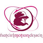Logo mit Frauensilhouette im Hut und Text "hatgirl.motiondesign", umgeben von rosa Kreisen.