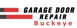 Garage Door Repair Buckeye logo with red and grey stripes and bold black and red text.