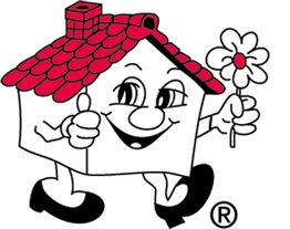 Zeichnung eines lächelnden Hauses mit Beinen, hält eine Blume und zeigt "Daumen hoch".