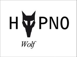 Schwarzes Logo mit Wolfskopf und dem Text "HYPNO Wolf" auf weißem Hintergrund.