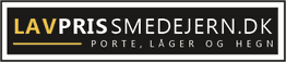 Tekst: "LAVPRISSMEDEJERN.DK PORTE, LÅGER OG HEGN" på sort baggrund med gul og hvid skrift.