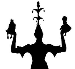 Silhouette einer Frau mit zwei kleinen Figuren in den ausgestreckten Händen vor weißem Hintergrund.