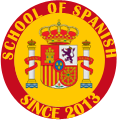 Spanish School logo with coat of arms, text reads "School of Spanish Since 2013."