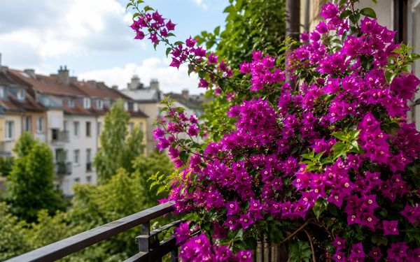 Ein Balkon auf dem ein Wandelröschen am Geländer lehnt.