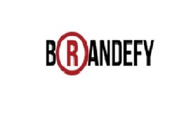Logo with the word "BRANDEFY," using a red circle around "R."