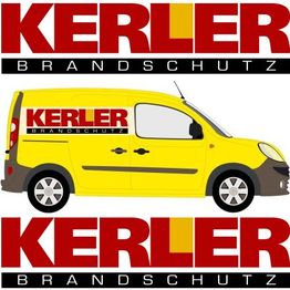 Gelber Lieferwagen mit "Kerler Brandschutz"-Logo, umgeben von großem Schriftzug "KERLER".