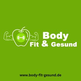 Grünes Logo mit Apfel und Hanteln: "Body Fit & Gesund". Website: www.body-fit-gesund.de