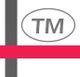 Graues "TM" in ovalem Rahmen, rotes Band und grauer Streifen auf weißem Hintergrund.
