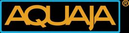 "AQUAJA-logo: oranje letters op zwarte achtergrond met blauwe rand."