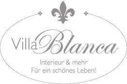 Logo von Villa Blanca mit Text: "Interieur & mehr, Für ein schönes Leben!" in einem ovalen Rahmen.