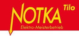 Rotes Logo mit gelber Schrift: "NOTKA Tilo Elektro-Meisterbetrieb" und Pfeil nach unten.