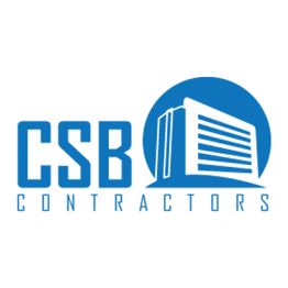Logo of CSB Contractors with a graphic of a building in blue.