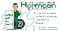 Autowerkstatt-Werbung mit Mechaniker-Symbol, Service-Details und Kontaktdaten von Autoservice Hormsen.