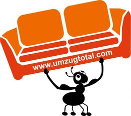 Ameise hebt orangefarbenes Sofa mit Schriftzug "www.umzugtotal.com".