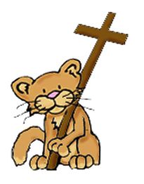 Cartoon lion holding a large wooden cross, sitting and smiling.