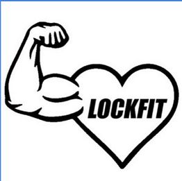 Heart with a muscular arm, text "LOCKFIT" inside the heart.