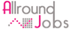 Logo mit Text "Allround Jobs" in rosa und grau. Links sind quadratische Pixel angeordnet.