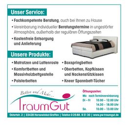 Werbung für Betten und Matratzen von TraumGut mit Infos zu Dienstleistungen und Öffnungszeiten.