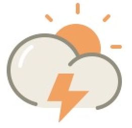 Sonne hinter Wolke mit Blitzsymbol, symbolisiert wechselhaftes Wetter.