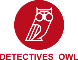 Logo de Detectives Owl: un búho blanco estilizado sobre círculo rojo. Texto debajo.