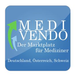 Blaues Logo "Medi Vendo" mit Pfeilen: Marktplatz für Mediziner in D-A-CH.