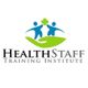 Logo of HealthStaff Training Institute with figures holding a green cross above a green hand.