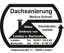 Logo für Dachsanierung von Markus Schnell, 60 km Umkreis Landau und Karlsruhe, mit Kontaktdaten.