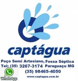 Logotipo da Captágua com informações de contato e serviços de poço semi artesiano e fossa séptica.