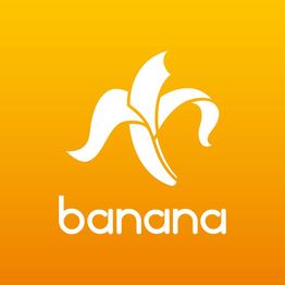 Logo blanco de una banana sobre fondo amarillo anaranjado. Texto: "banana".